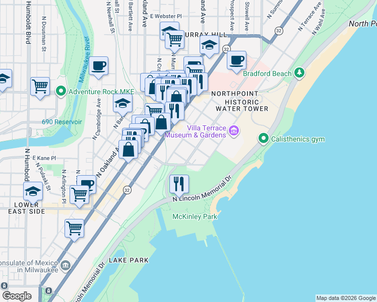map of restaurants, bars, coffee shops, grocery stores, and more near 2035 North Lake Drive in Milwaukee