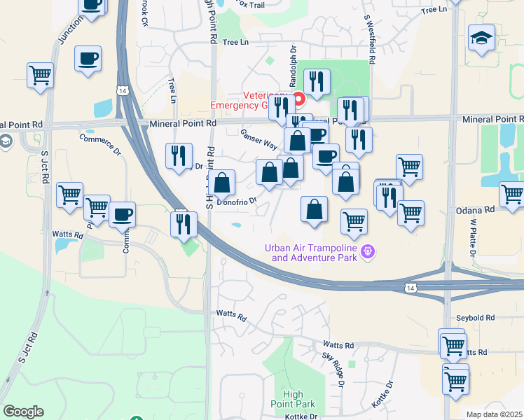 map of restaurants, bars, coffee shops, grocery stores, and more near 531 D'onofrio Drive in Madison