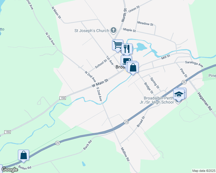 map of restaurants, bars, coffee shops, grocery stores, and more near 59 West Main Street in Broadalbin