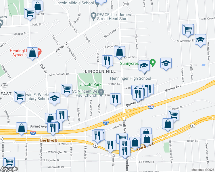 map of restaurants, bars, coffee shops, grocery stores, and more near 120 Craton Street in Syracuse