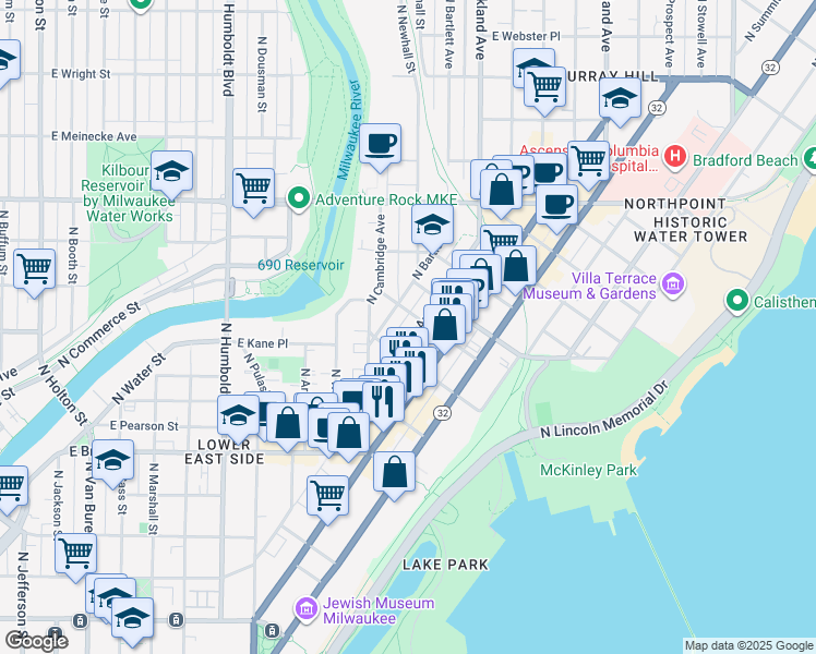 map of restaurants, bars, coffee shops, grocery stores, and more near 1935 North Oakland Avenue in Milwaukee