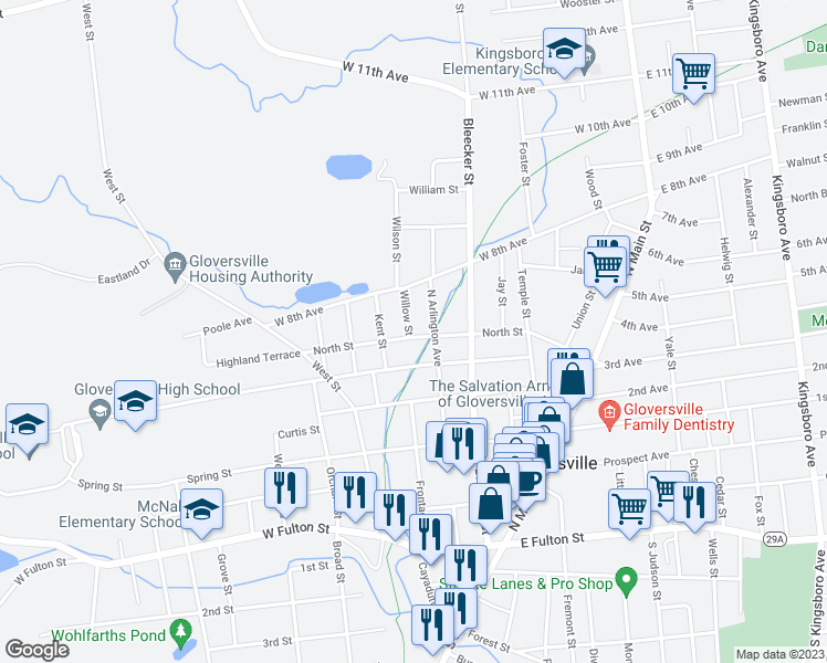 map of restaurants, bars, coffee shops, grocery stores, and more near 108 North Street in Gloversville