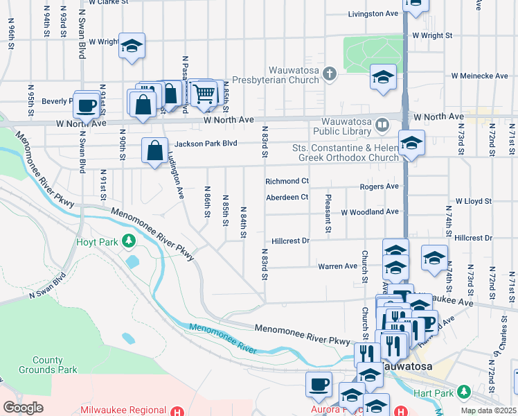 map of restaurants, bars, coffee shops, grocery stores, and more near 1936 North 84th Street in Wauwatosa