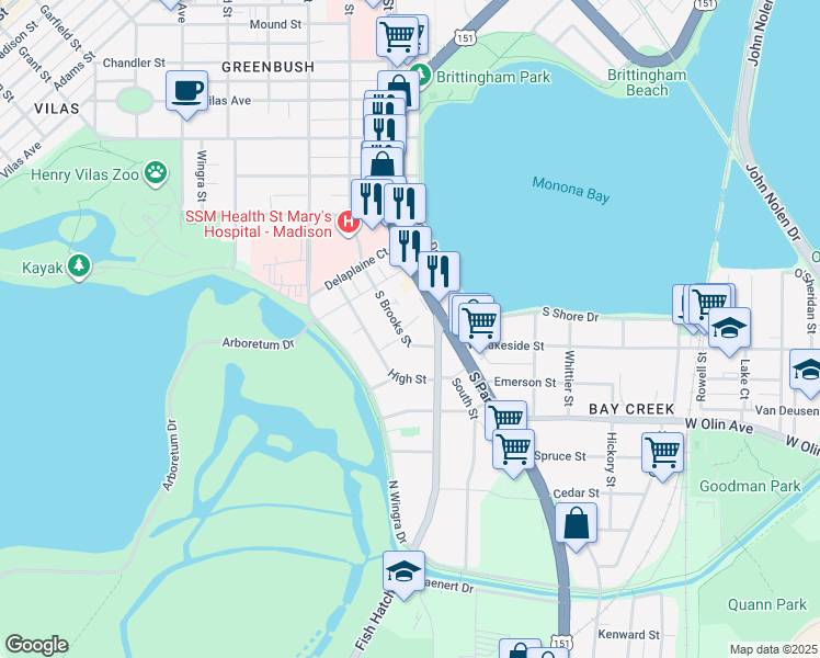 map of restaurants, bars, coffee shops, grocery stores, and more near 1010 South Brooks Street in Madison