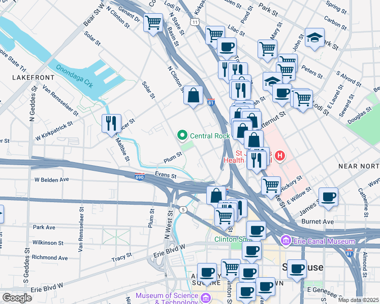 map of restaurants, bars, coffee shops, grocery stores, and more near 450 North Franklin Street in Syracuse