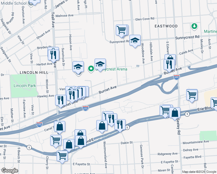 map of restaurants, bars, coffee shops, grocery stores, and more near 1616-18 Burnet Avenue in Syracuse