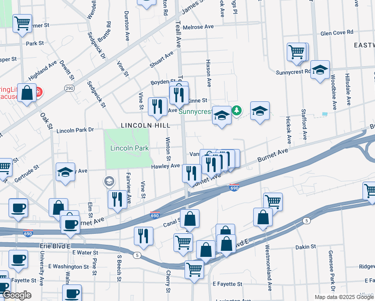 map of restaurants, bars, coffee shops, grocery stores, and more near 611 Teall Avenue in Syracuse