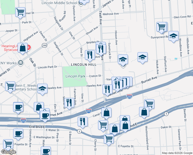 map of restaurants, bars, coffee shops, grocery stores, and more near 403 Winton Street in Syracuse