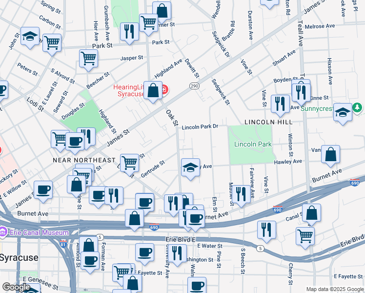 map of restaurants, bars, coffee shops, grocery stores, and more near 209 Delhi Street in Syracuse