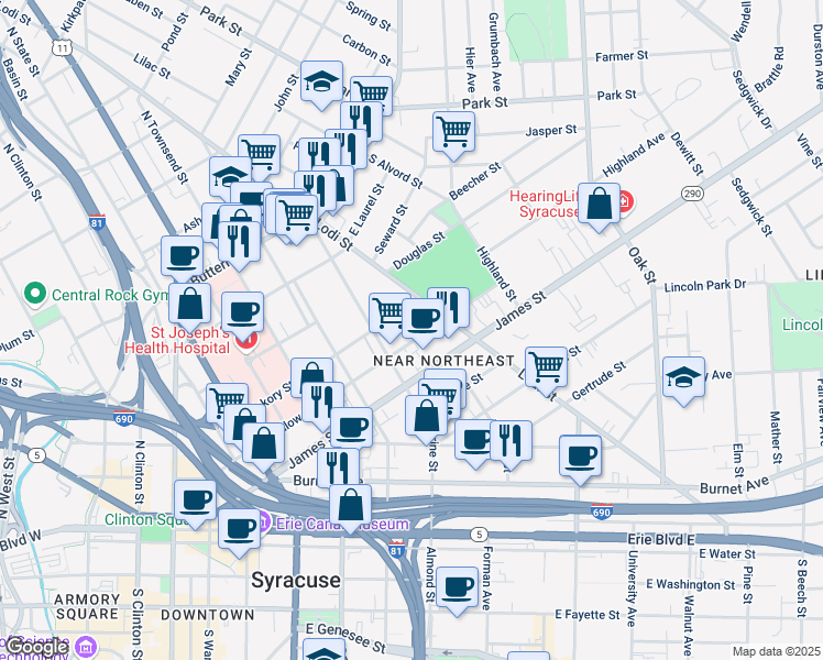 map of restaurants, bars, coffee shops, grocery stores, and more near 709 James Street in Syracuse