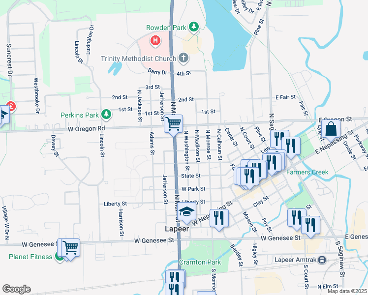 map of restaurants, bars, coffee shops, grocery stores, and more near 724 North Washington Street in Lapeer