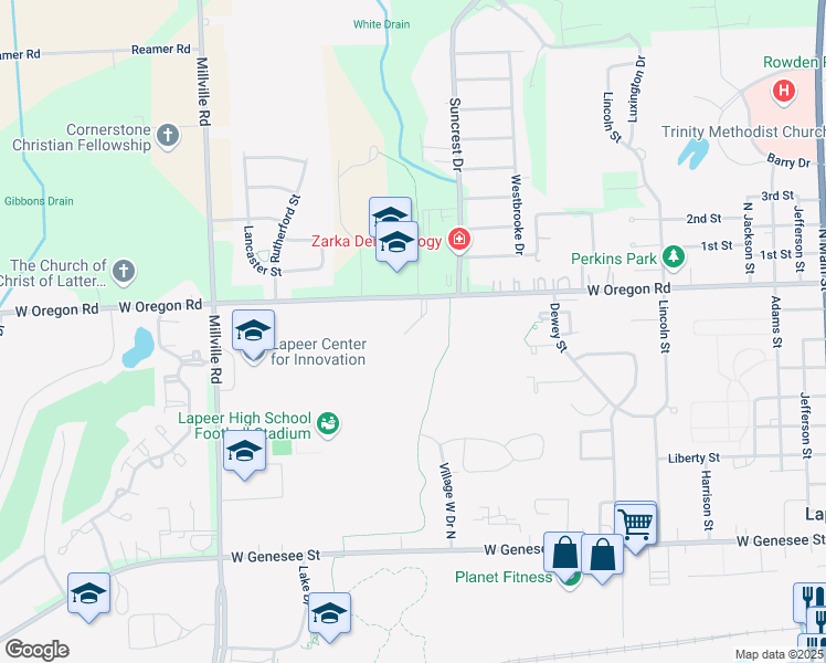 map of restaurants, bars, coffee shops, grocery stores, and more near 71004 Village West Drive North in Lapeer