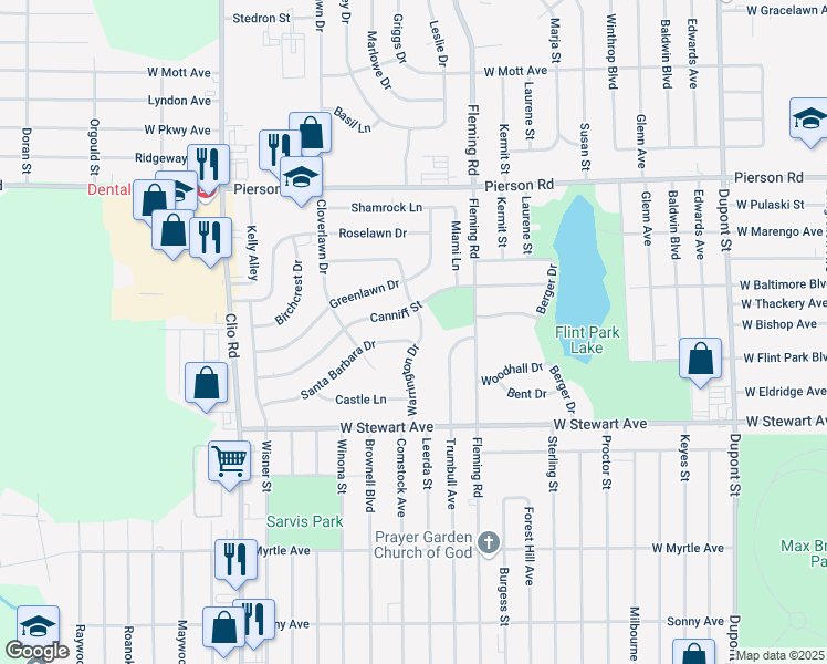 map of restaurants, bars, coffee shops, grocery stores, and more near 4522 Warrington Drive in Flint