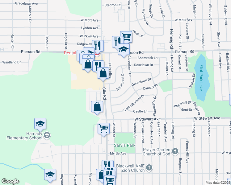 map of restaurants, bars, coffee shops, grocery stores, and more near 4208 Greenlawn Drive in Flint