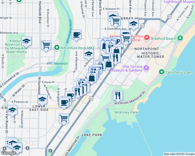 map of restaurants, bars, coffee shops, grocery stores, and more near 1959 North Prospect Avenue in Milwaukee