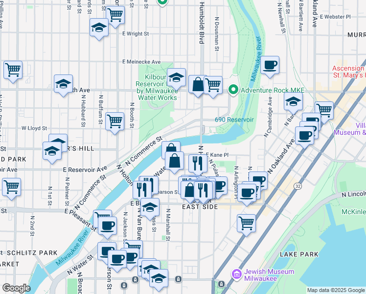 map of restaurants, bars, coffee shops, grocery stores, and more near 1888 North Water Street in Milwaukee