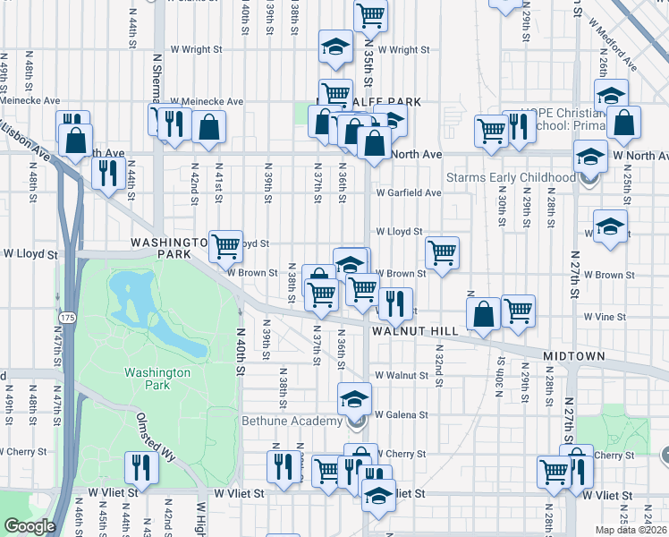 map of restaurants, bars, coffee shops, grocery stores, and more near 1960 North 36th Street in Milwaukee