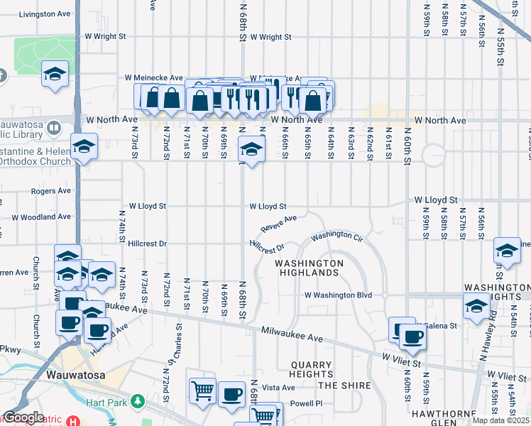 map of restaurants, bars, coffee shops, grocery stores, and more near 6642 Revere Avenue in Wauwatosa