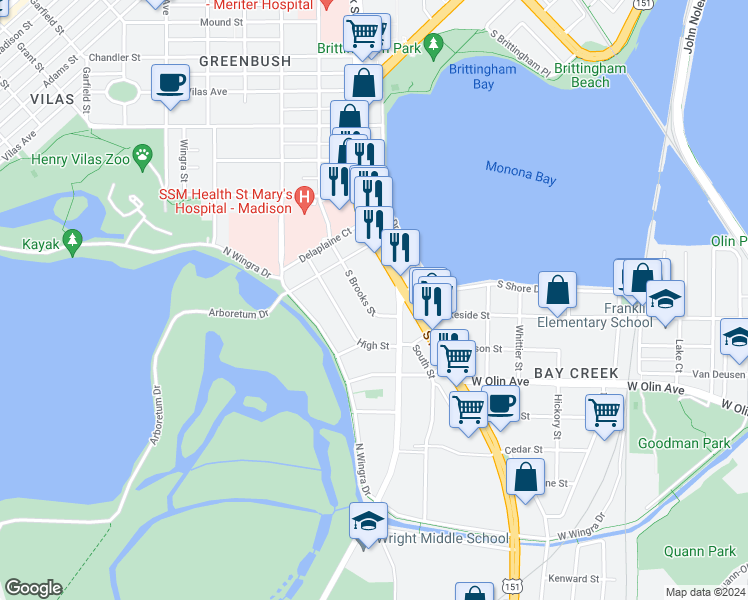 map of restaurants, bars, coffee shops, grocery stores, and more near 1010 South Brooks Street in Madison