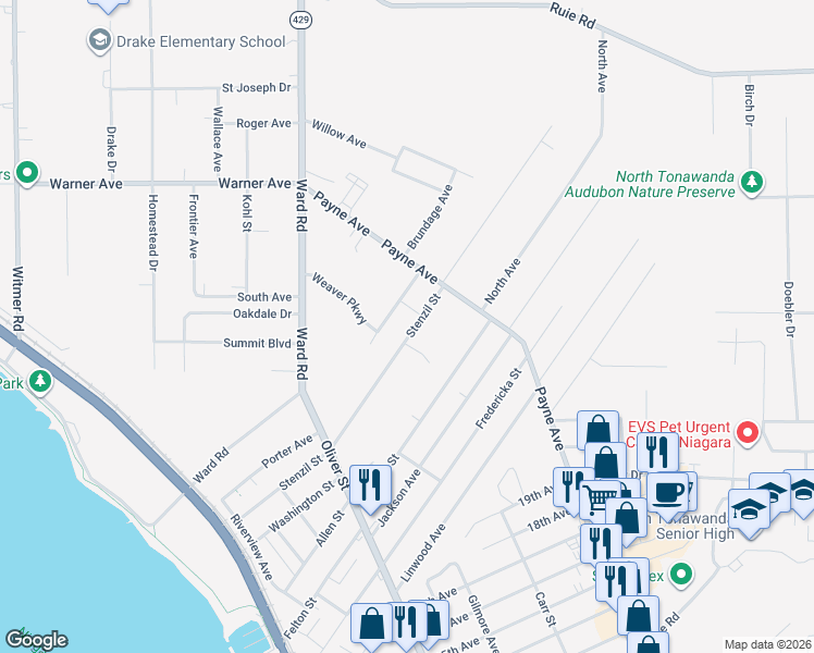 map of restaurants, bars, coffee shops, grocery stores, and more near 276 Stenzil Street in North Tonawanda