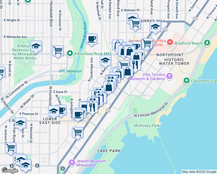 map of restaurants, bars, coffee shops, grocery stores, and more near 1622 East Irving Place in Milwaukee
