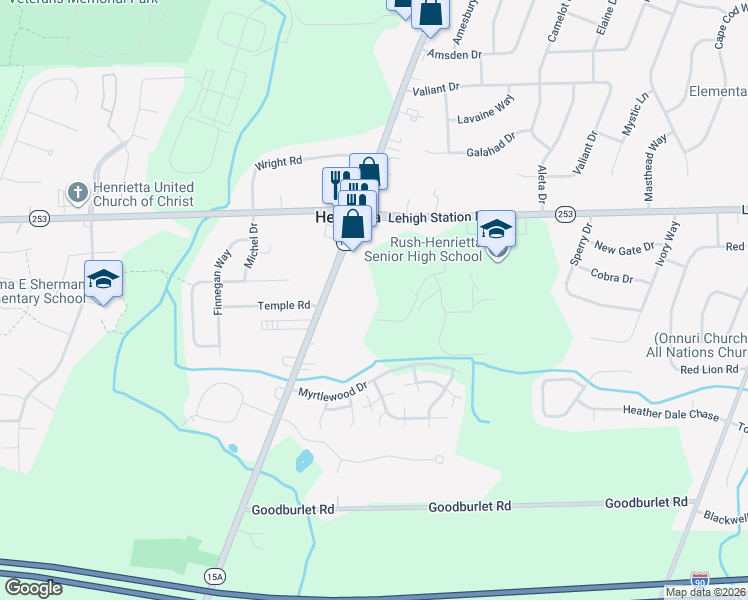 map of restaurants, bars, coffee shops, grocery stores, and more near 3224 East Henrietta Road in Henrietta