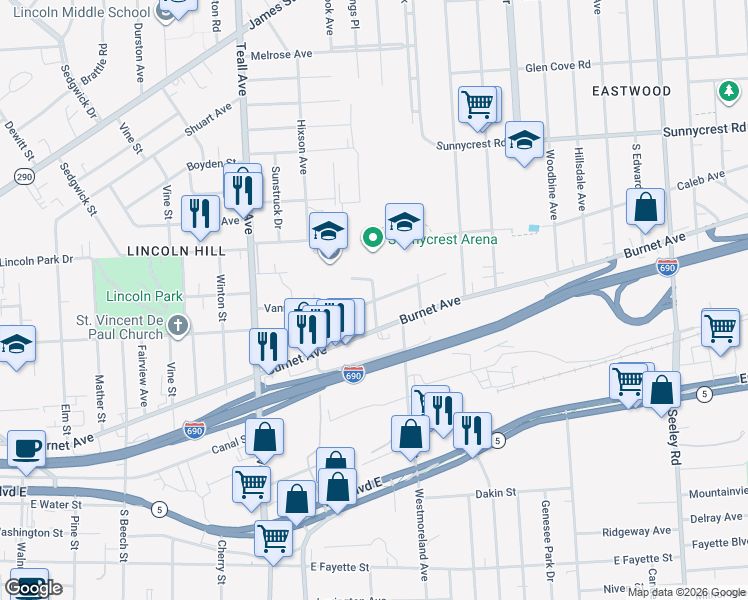 map of restaurants, bars, coffee shops, grocery stores, and more near Vann Street & Dillaye Avenue in Syracuse