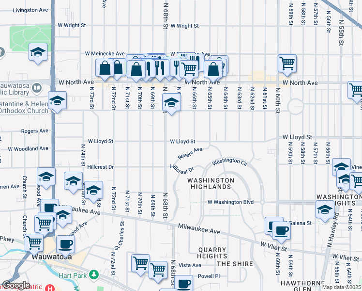map of restaurants, bars, coffee shops, grocery stores, and more near 6642 Revere Avenue in Wauwatosa