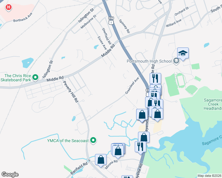 map of restaurants, bars, coffee shops, grocery stores, and more near 400-414 Greenleaf Ave in Portsmouth