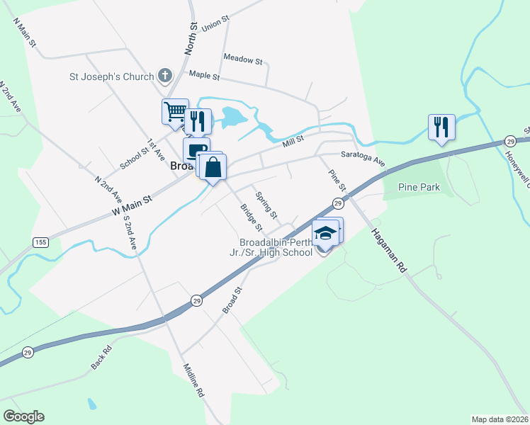 map of restaurants, bars, coffee shops, grocery stores, and more near 62 Bridge Street in Broadalbin