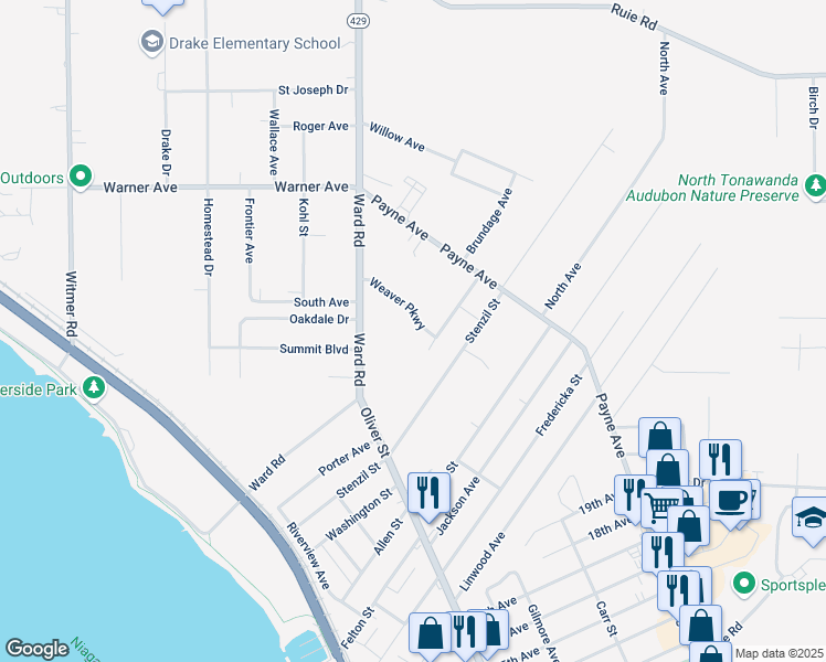 map of restaurants, bars, coffee shops, grocery stores, and more near 95 Community Drive in North Tonawanda