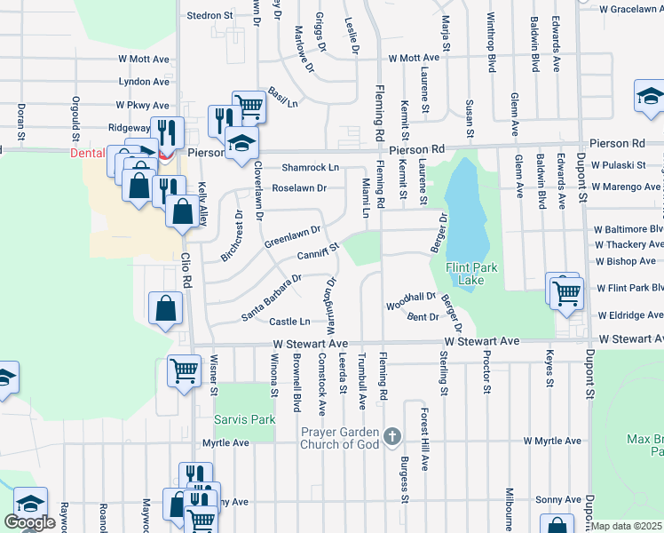 map of restaurants, bars, coffee shops, grocery stores, and more near 4522 Warrington Drive in Flint