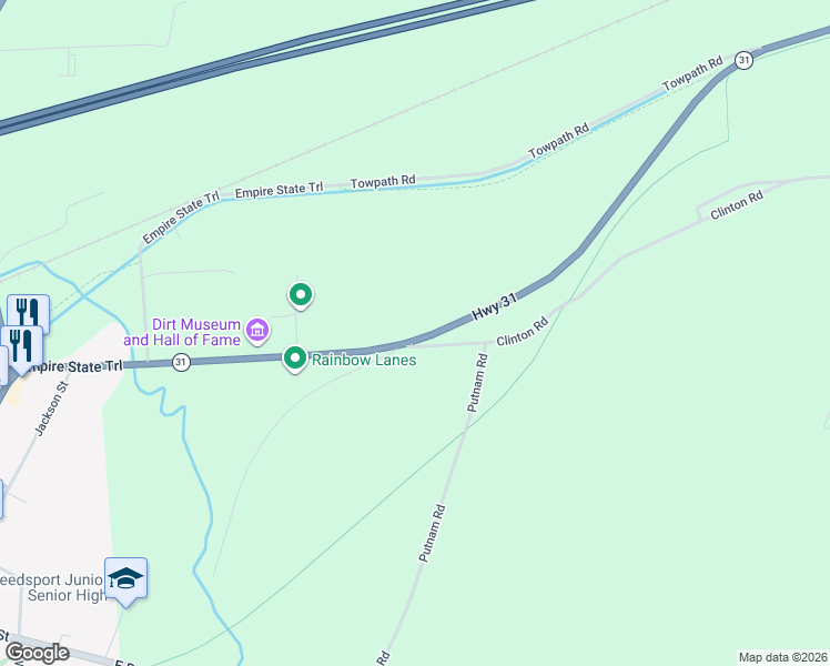 map of restaurants, bars, coffee shops, grocery stores, and more near 3045 Clinton Road in Weedsport