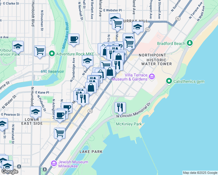 map of restaurants, bars, coffee shops, grocery stores, and more near 2036 North Prospect Avenue in Milwaukee