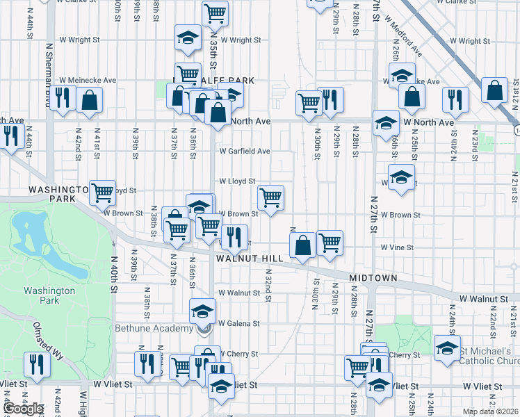 map of restaurants, bars, coffee shops, grocery stores, and more near 2004 North 33rd Street in Milwaukee