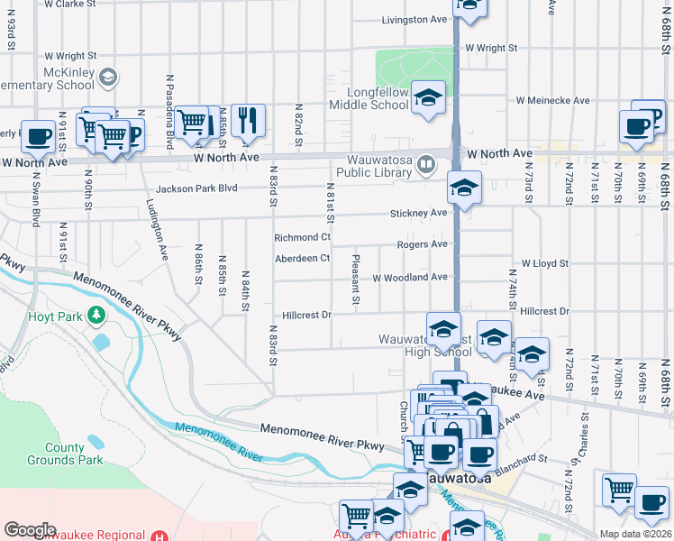 map of restaurants, bars, coffee shops, grocery stores, and more near 2008 North 81st Street in Wauwatosa