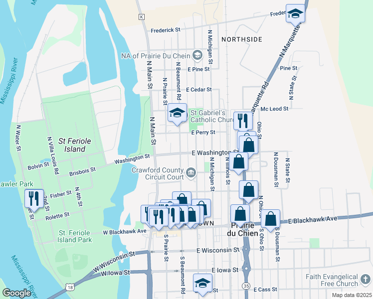 map of restaurants, bars, coffee shops, grocery stores, and more near 106 East Washington Street in Prairie du Chien