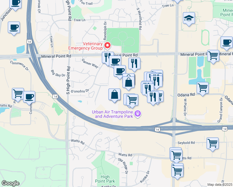 map of restaurants, bars, coffee shops, grocery stores, and more near in Madison