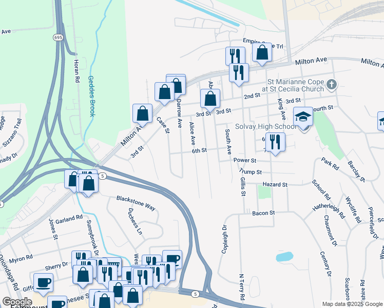 map of restaurants, bars, coffee shops, grocery stores, and more near 413 Darrow Avenue in Solvay
