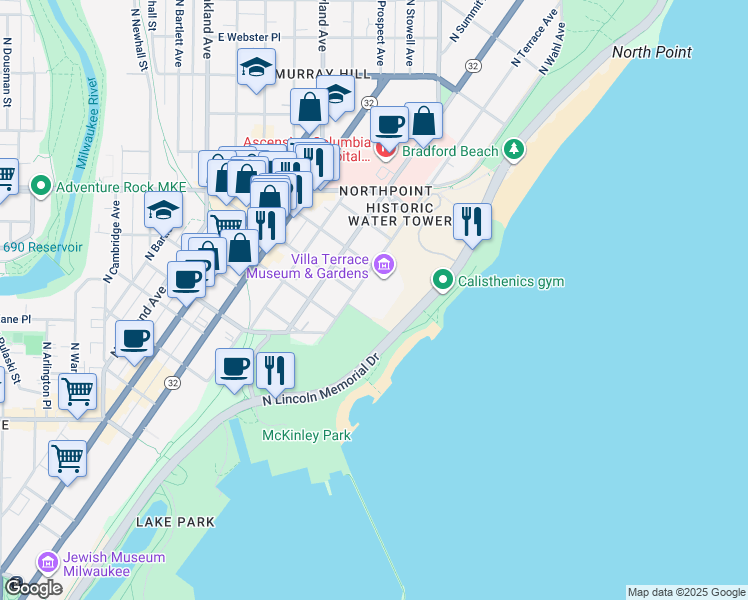 map of restaurants, bars, coffee shops, grocery stores, and more near 2202R North Terrace Avenue in Milwaukee