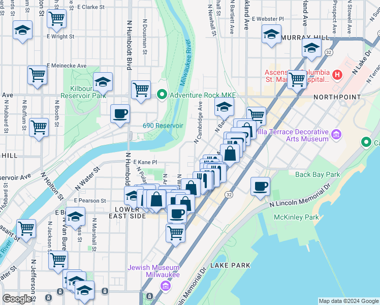 map of restaurants, bars, coffee shops, grocery stores, and more near 1864 North Cambridge Avenue in Milwaukee