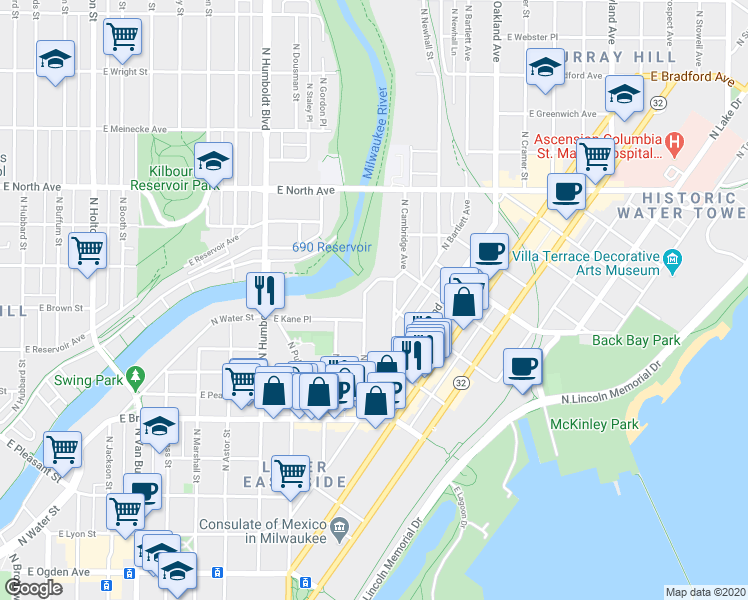 map of restaurants, bars, coffee shops, grocery stores, and more near 1327 East Kane Place in Milwaukee