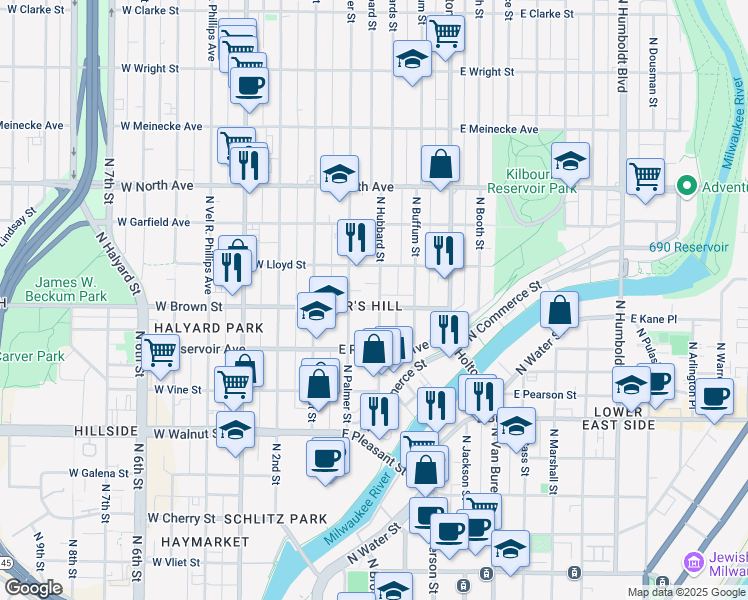 map of restaurants, bars, coffee shops, grocery stores, and more near 1937 North Hubbard Street in Milwaukee