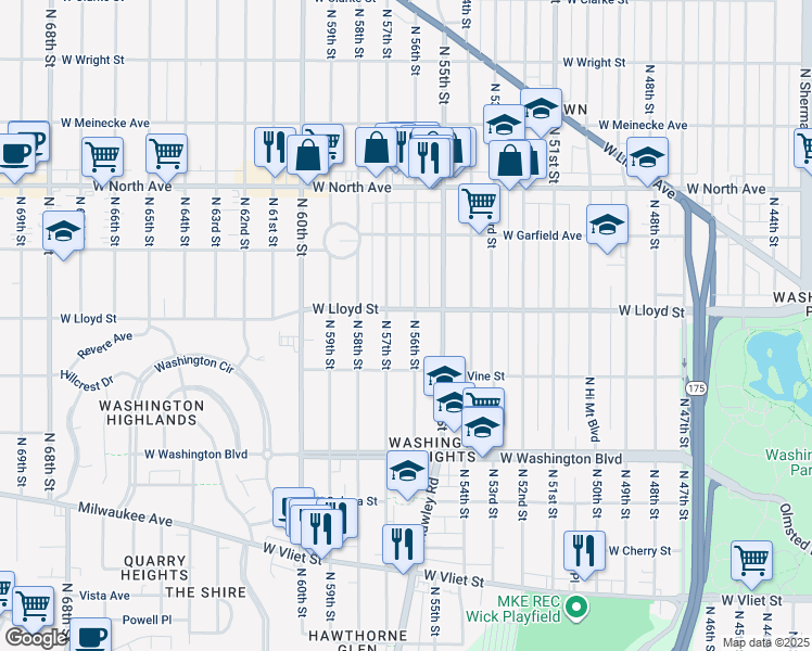 map of restaurants, bars, coffee shops, grocery stores, and more near 1922 North 57th Street in Milwaukee
