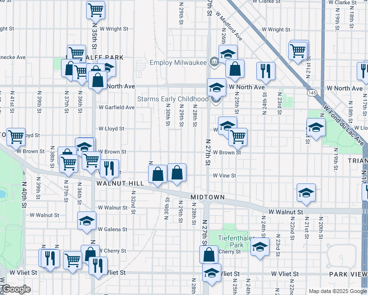 map of restaurants, bars, coffee shops, grocery stores, and more near 1944 North 29th Street in Milwaukee