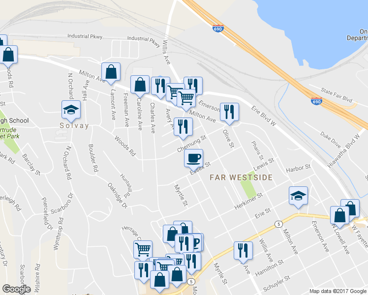 map of restaurants, bars, coffee shops, grocery stores, and more near 401 Chemung Street in Syracuse