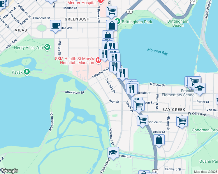 map of restaurants, bars, coffee shops, grocery stores, and more near 918 South Brooks Street in Madison