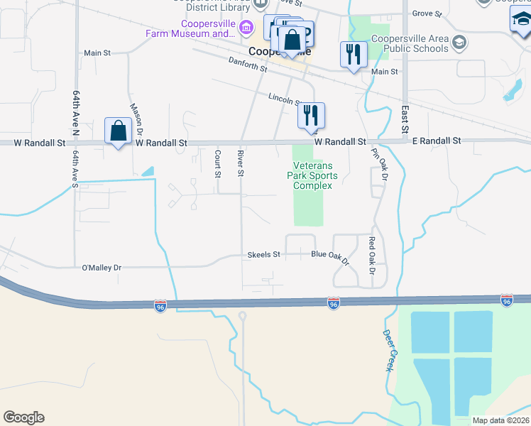 map of restaurants, bars, coffee shops, grocery stores, and more near 162 River Street in Coopersville