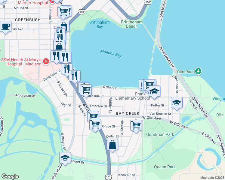 map of restaurants, bars, coffee shops, grocery stores, and more near 710 South Shore Drive in Madison