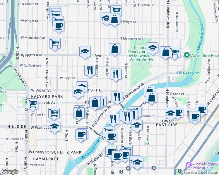 map of restaurants, bars, coffee shops, grocery stores, and more near 421 East Lloyd Street in Milwaukee